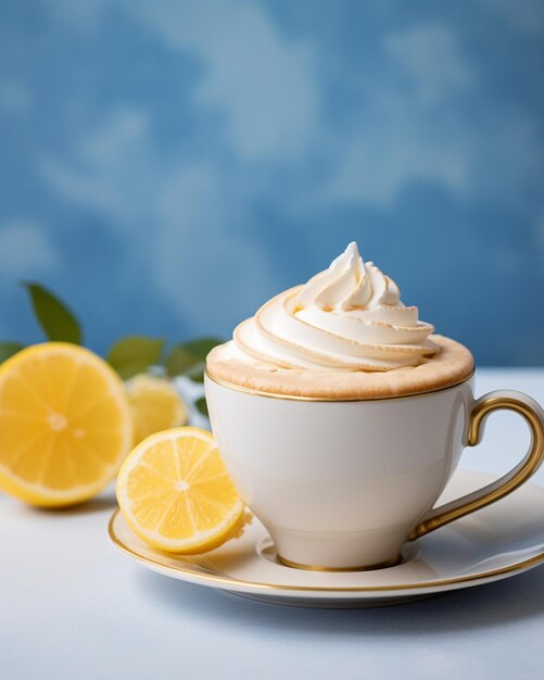 Foto café en cáscara de crema con limón encima