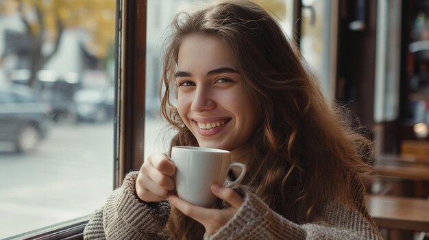 Un café cautivador Encuentro con una hermosa y linda chica sonriendo en el café con ventanas