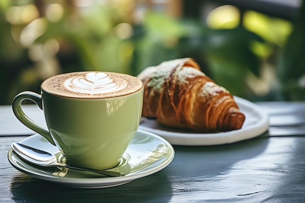 Café cerca de croissant con crema de pistacho estilo de vida Vida auténtica
