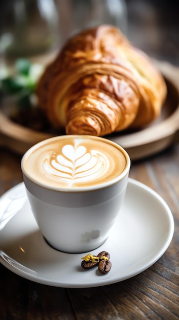 Café cerca de croissant con crema de pistacho estilo de vida Vida auténtica