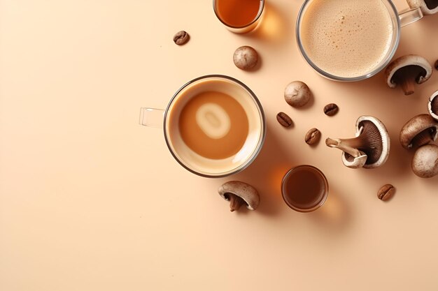 Café Chagaccino em xícara branca e cogumelos em torno de bege IA generativa