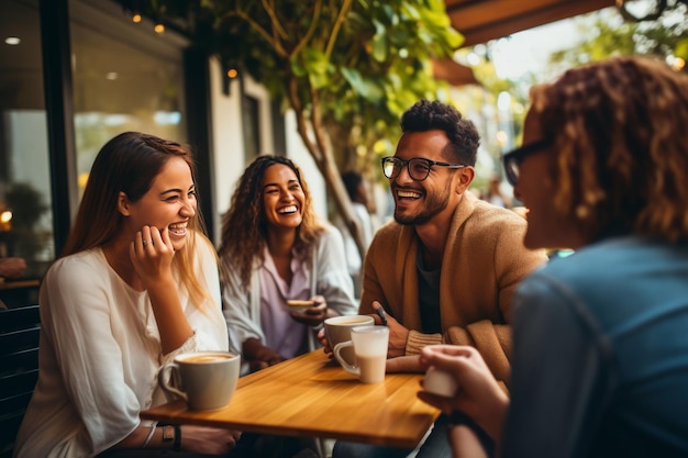 Café Cheers Uma reunião requintada de amigos desfrutando da vida e latte em um pátio de café ensolarado