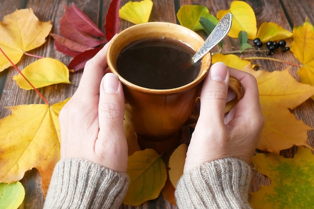 Café com folhas de outono e suéter com as mãos