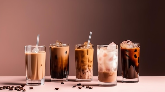 Café com gelo em um copo alto Conjunto com diferentes tipos de bebidas de café