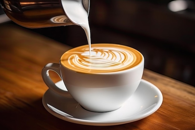 Café com Latte ou Cappuccino Arte em Coffeeshop Closeup Barista Faz Café com Leite