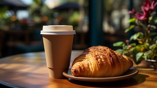 café com leite com croissant em uma mesa de madeira