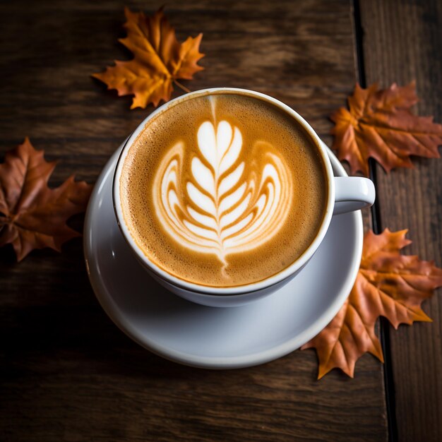 Café com leite com design de folha de bordo AI Generative