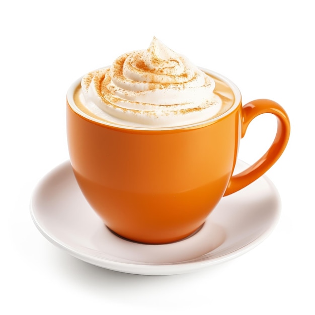 Café com leite com especiarias de abóbora em um copo laranja isolado em fundo branco