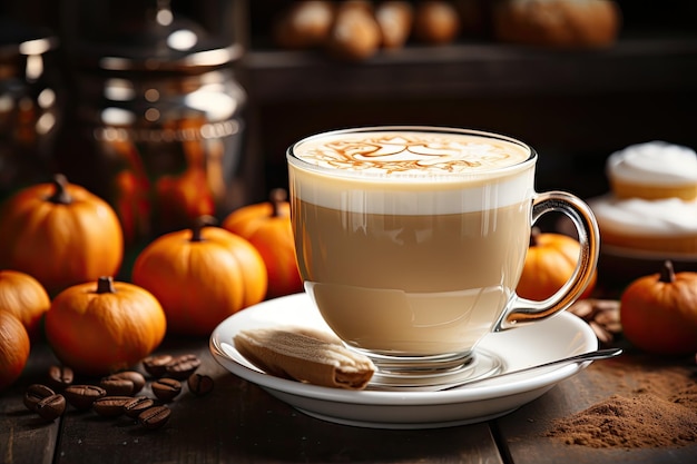 Café com leite de abóbora em copo de vidro bebida aconchegante de outono fecha ai generativa