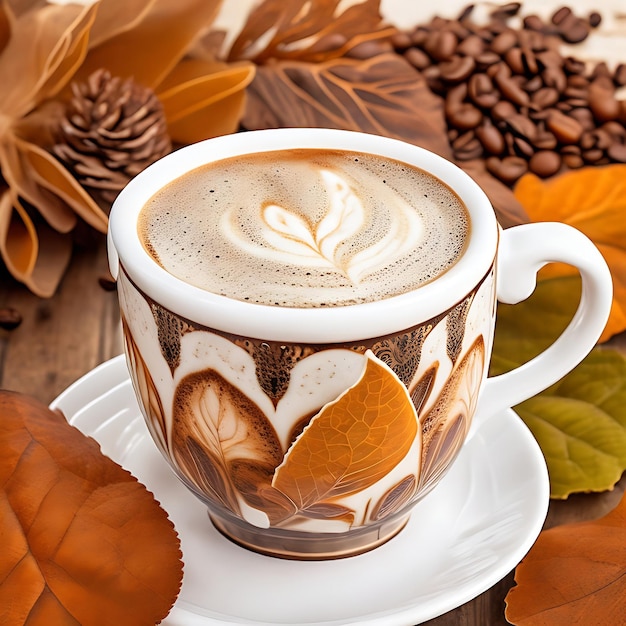 Café com leite espumoso numa bela caneca com padrões de folhas Uma deliciosa mistura de castanho e creme