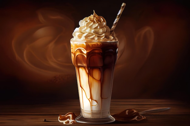 Café com leite gelado de caramelo em um copo alto com calda de chocolate Generative Ai