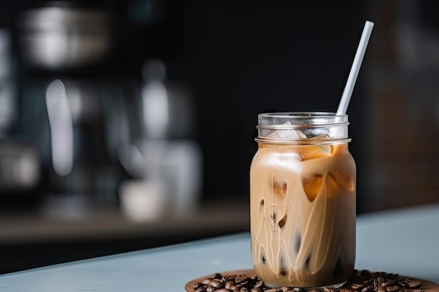 Café com leite gelado em uma jarra com canudo e rótulo para facilitar a entrega, criado com IA generativa