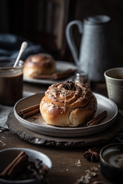 Café com pãezinhos de canela pastelaria caseira em estilo hygge quente AI generativa