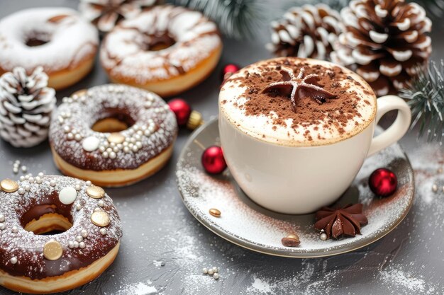 Café com tema de Natal e donuts em mesa vintage