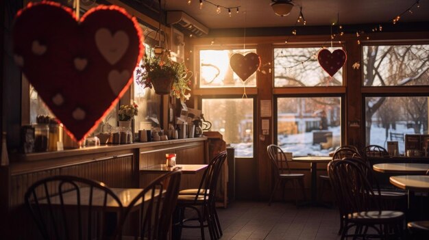 Café com tema do Dia dos Namorados adornado com decorações em forma de coração