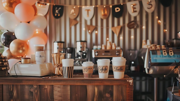 Foto café com uma variedade de bebidas de café e doces a loja tem uma atmosfera calorosa e convidativa com iluminação suave e assentos confortáveis