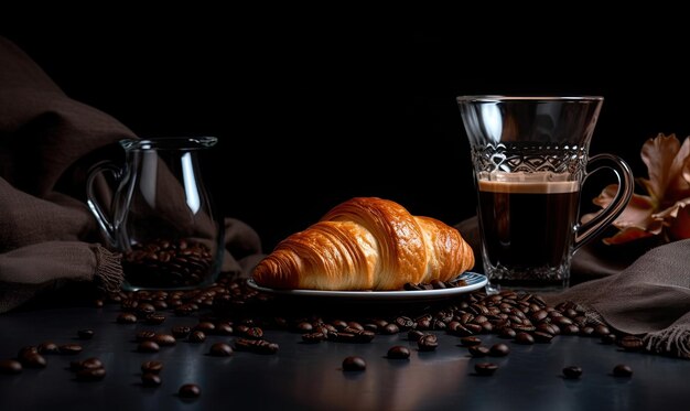 Foto café con croissant y granos de café sobre fondo negro