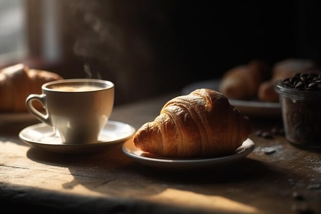 café y croissants en la mesa