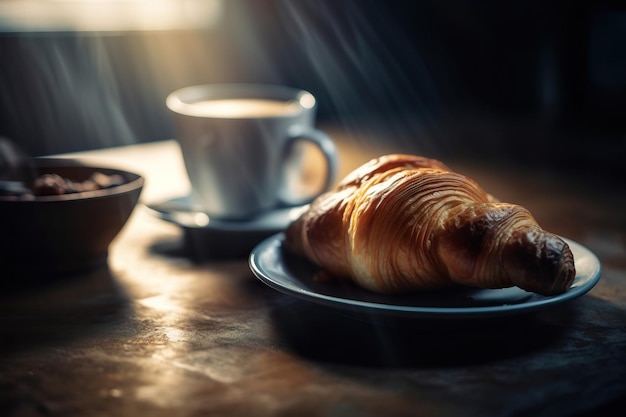 café y croissants en la mesa