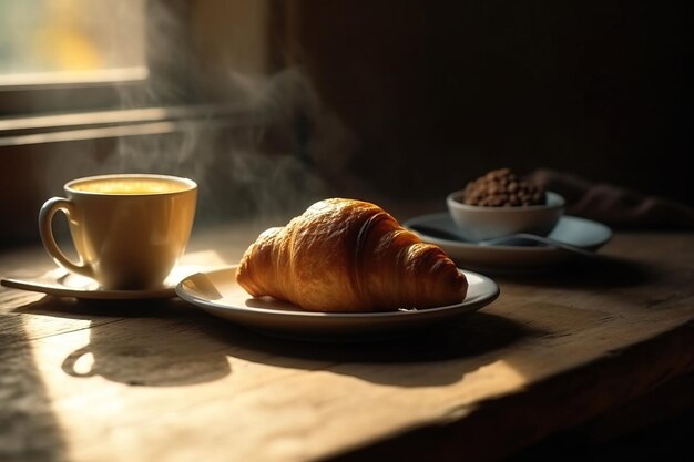 café y croissants en la mesa