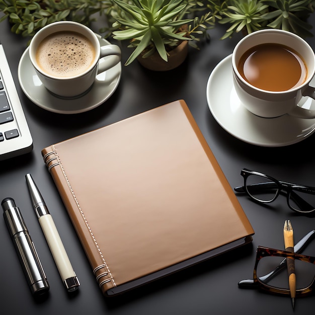 un café y un cuaderno en un escritorio