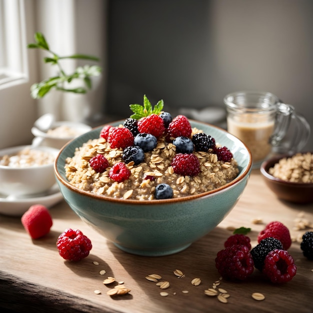 Café da manhã caseiro de aveia saudável com frutas vermelhas