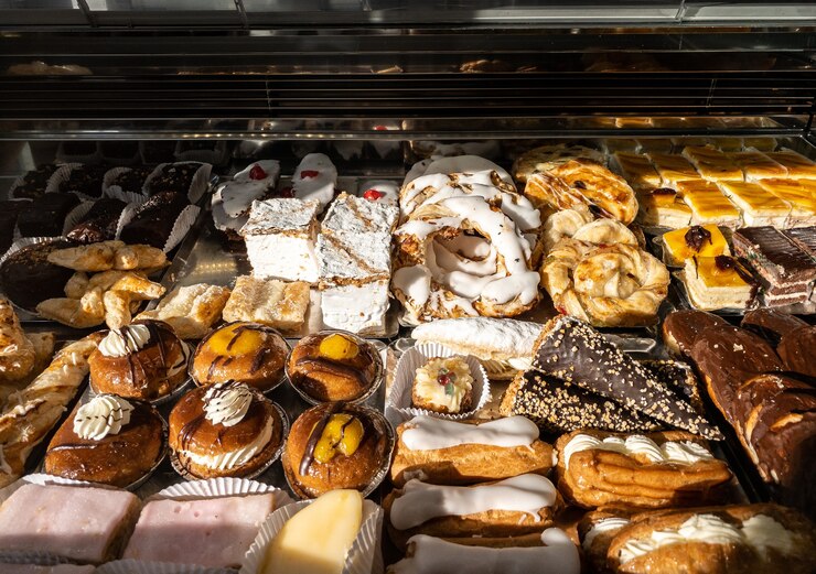 Foto café da manhã com biscoitos espanhóis, pastéis doces, massa folhada, açúcar de confeiteiro e sobremesa de maçãs assadas. doçaria típica consumida na vitrine de uma confeitaria na espanha.