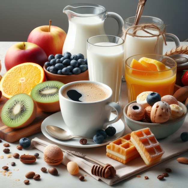 Foto café da manhã com biscoitos, frutas e café