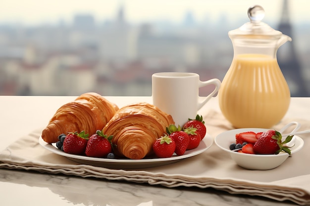 Café da manhã com café e croissant na mesa à luz da manhã