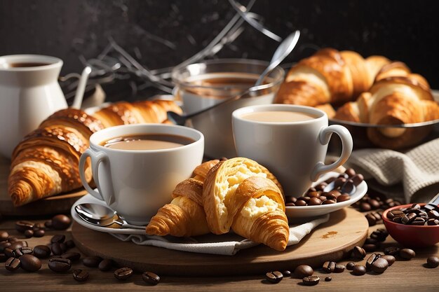 Café da manhã com café e croissants frescos