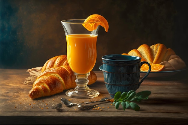 Café da manhã com copo de suco de laranja e xícara de café e croissant