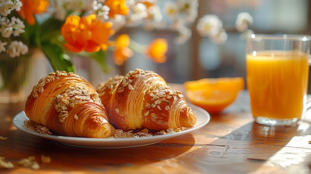 Café da manhã com croissants de café e frutas em mesa de madeira