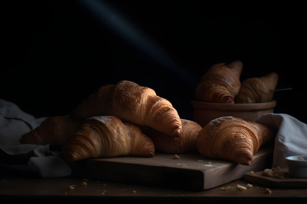 Café da manhã com croissants na mesa de madeira rústica