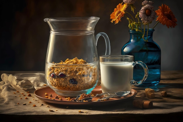 Café da manhã com leite e granola caseira em copo de vidro