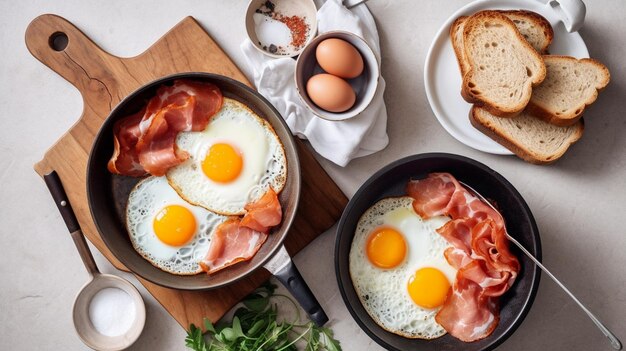 Café da manhã com ovos fritos bacon e torradas