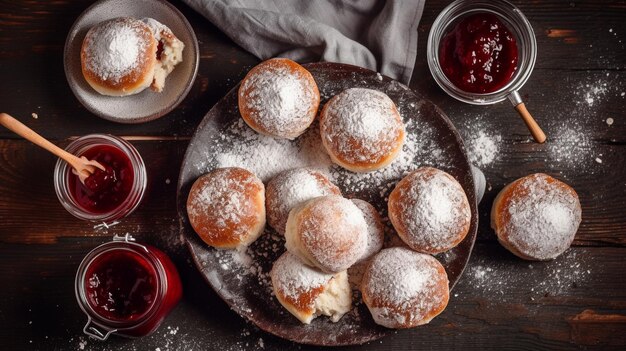 Café da manhã com pães doces em pó com açúcar