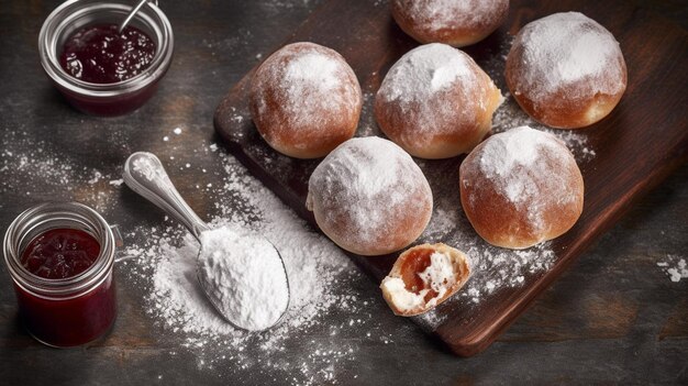 Café da manhã com pães doces em pó com açúcar