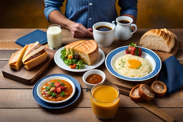 café da manhã com um homem sentado a uma mesa com café da manhã e café.