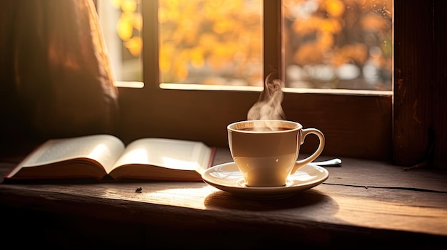 Café da manhã com um livro aberto e a luz do sol entrando pela janela gerada pela IA