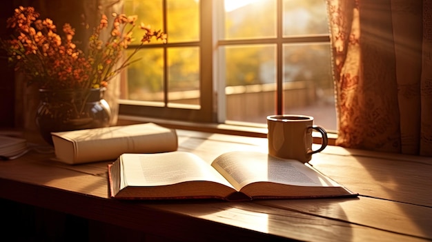 Café da manhã com um livro aberto e a luz do sol entrando pela janela gerada pela IA