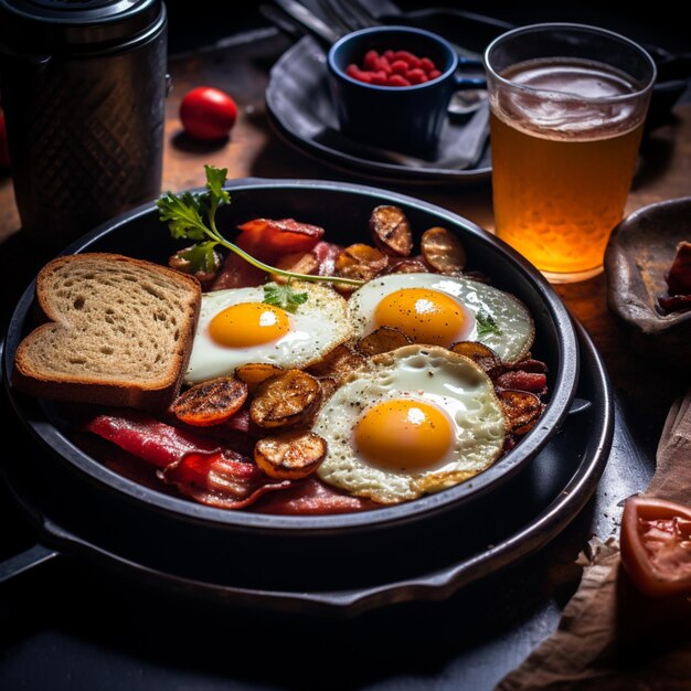 Café da manhã crocante bacon ovos salsichas tomates Capturar foto arte gerada por IA