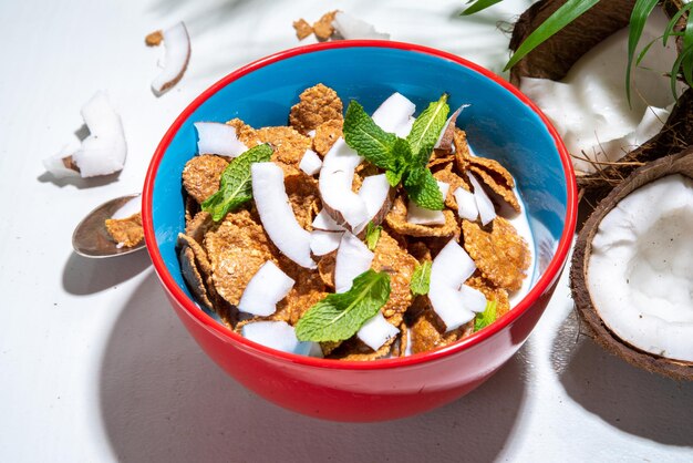 Café da manhã de granola de verão vegano Flocos de café da manhã de granola de cereais com leite alternativo não lácteo de coco e fatias de coco fresco com folhas de palmeira tropical fundo de mármore branco vista superior espaço de cópia