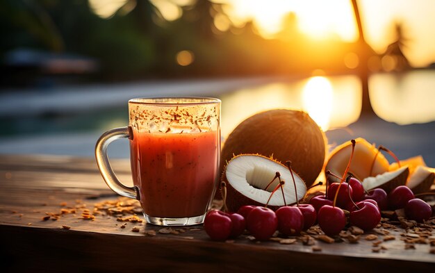 Foto café da manhã de luxo em frente ao mar tropical