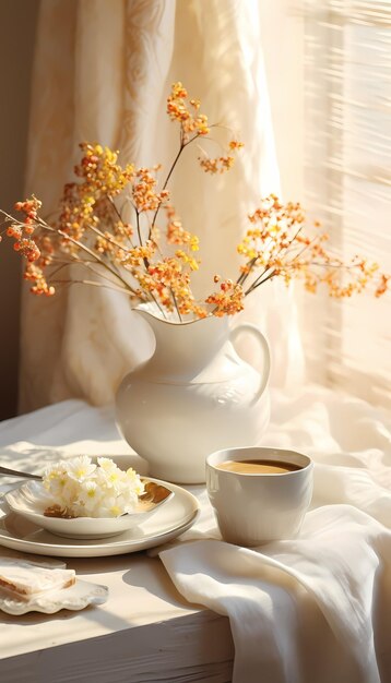 café da manhã de outono pela manhã branco e cores claras