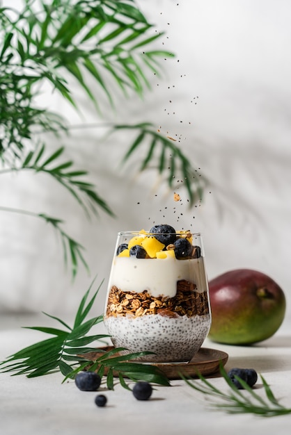 Café da manhã em camadas com iogurte de granola, sementes de chia, frutas vermelhas e manga em copo