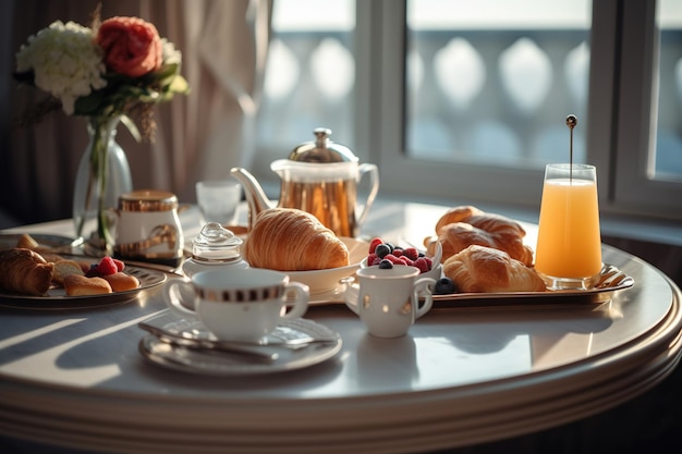 Café da manhã em uma cama em um quarto de hotel