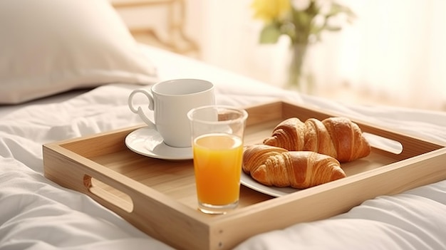 Café da manhã em uma cama em um quarto de hotel