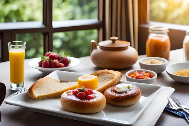 Foto café da manhã em uma mesa com panqueca e frutas