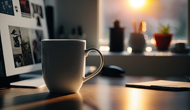 Café da manhã em xícara moderna na mesa de mármore com flores na primavera Generative AI