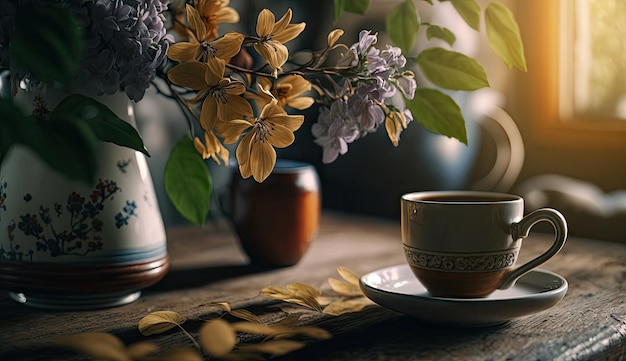 Café da manhã em xícara moderna na mesa de mármore com flores na primavera luz do sol Generative AI